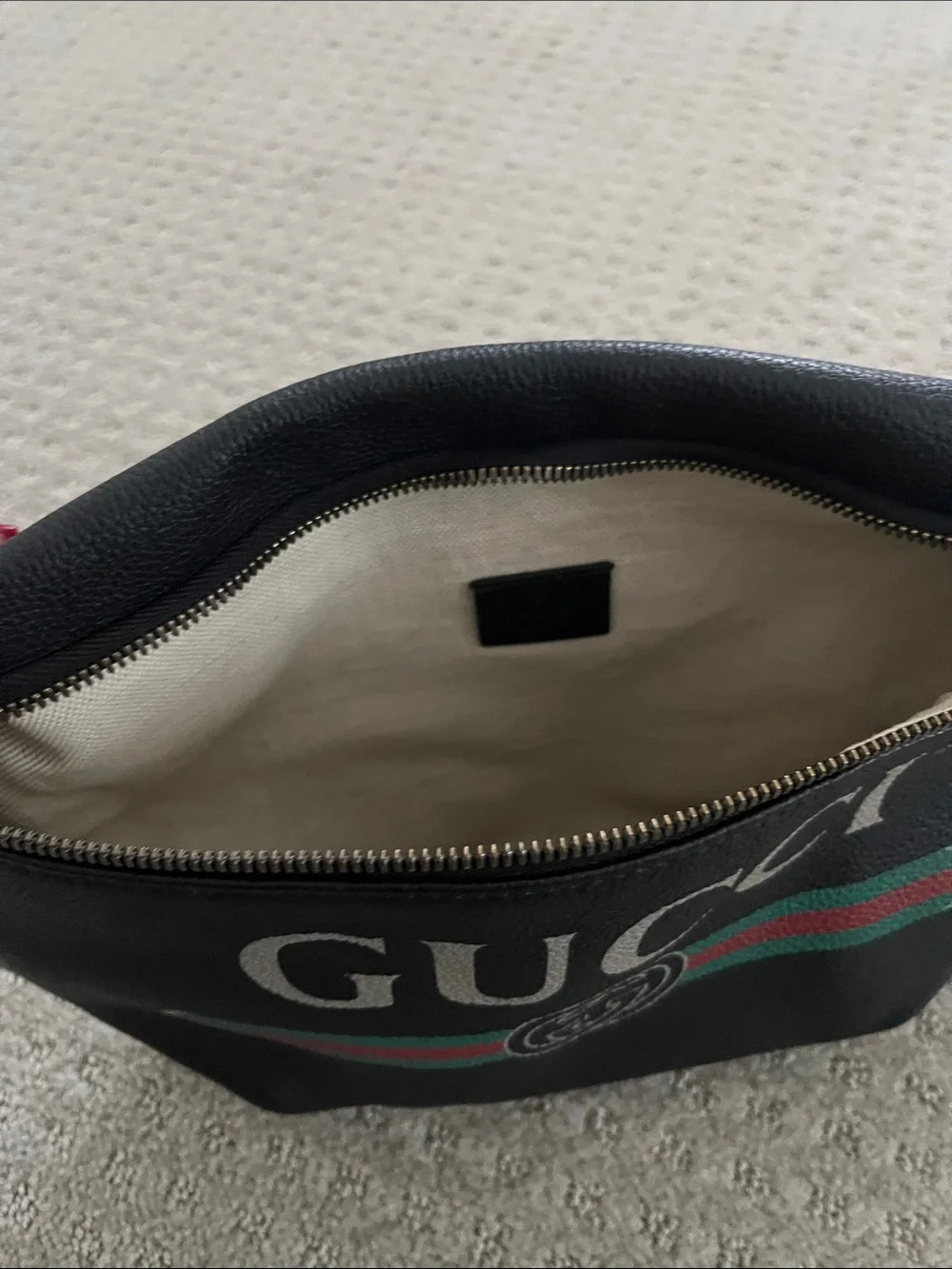 Authentic Gucci Black Leather Belt Bag with Green-Red Web and Gold Hardware